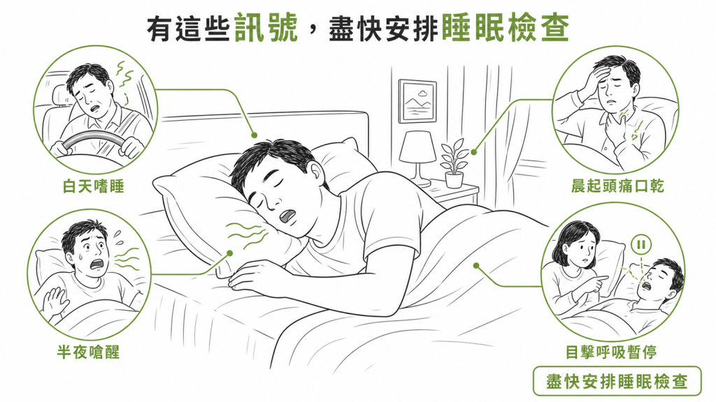 白天嗜睡晨起頭痛口乾半夜嗆醒被目擊呼吸暫停應盡快安排睡眠檢查