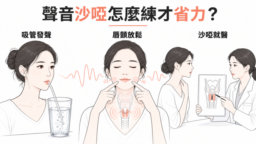 半阻塞聲道練習示意圖：吸管發聲、唇顫音放鬆喉部，改善聲音沙啞的省力練聲法
