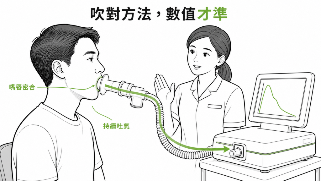正確用力吹氣讓肺功能檢查更準確線稿圖