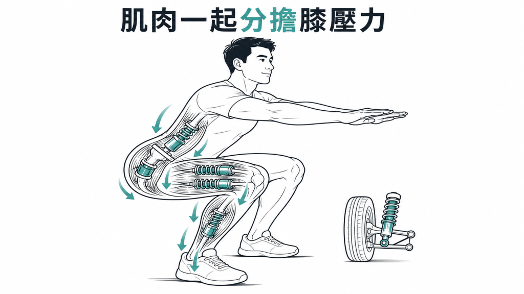 肌肉協同分散深蹲時的膝壓力