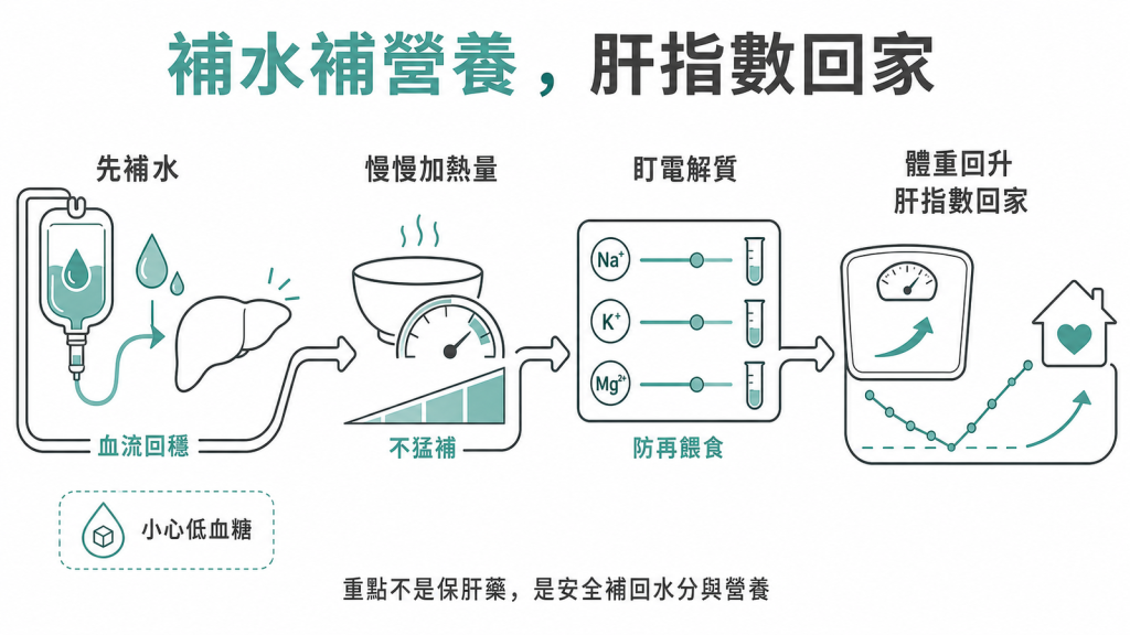 飢餓性肝炎對策先補水讓肝臟血流回穩再循序加熱量不猛補盯緊電解質防再餵食體重回升肝指數就回家重點不是保肝藥