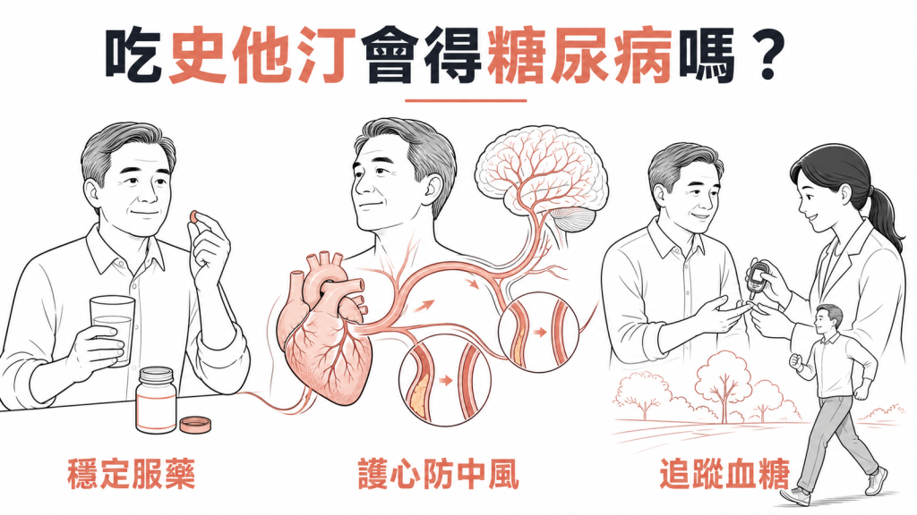 衛教資訊圖:吃 statin 降血脂會不會得糖尿病,穩定服藥護心防中風、追蹤血糖三重點