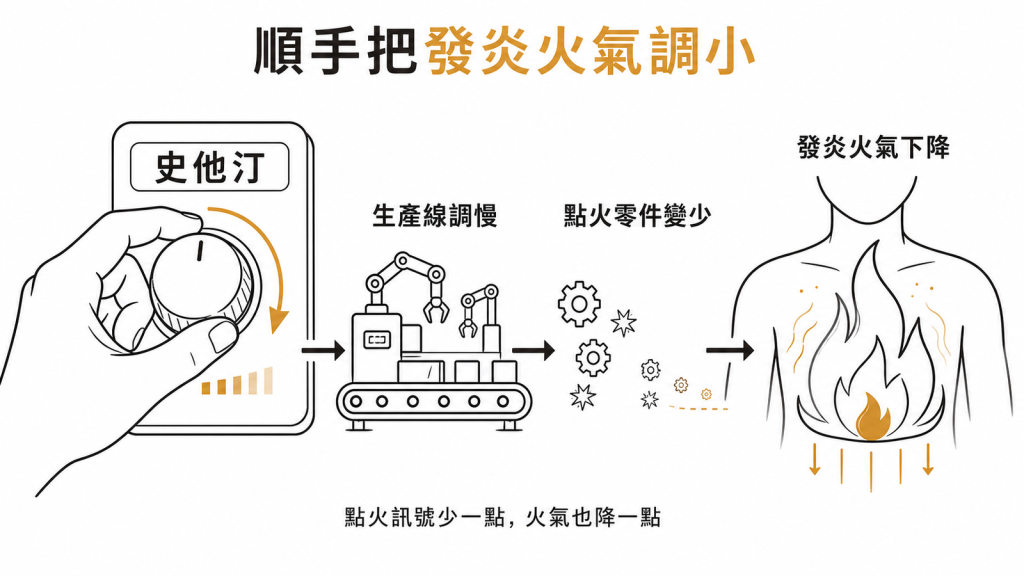 史他汀讓膽固醇生產線調慢，連帶讓會點火的發炎小零件變少，順手把身體發炎火氣調低