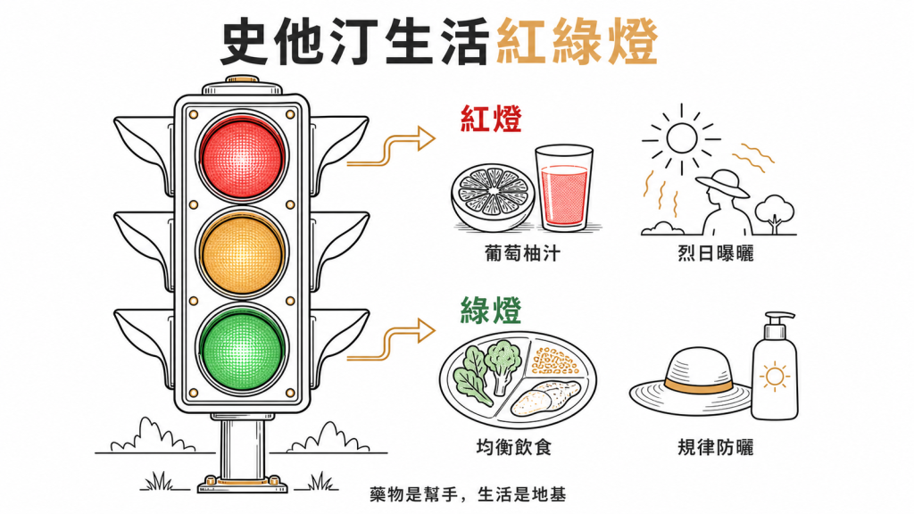 史他汀生活紅綠燈：紅燈避葡萄柚汁與烈日曝曬，綠燈均衡飲食與規律防曬