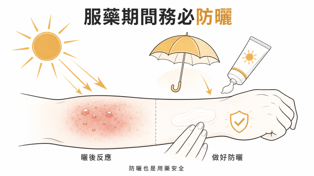 史他汀可能引起光毒性，服藥期間務必防曬避免曬後紅斑水泡
