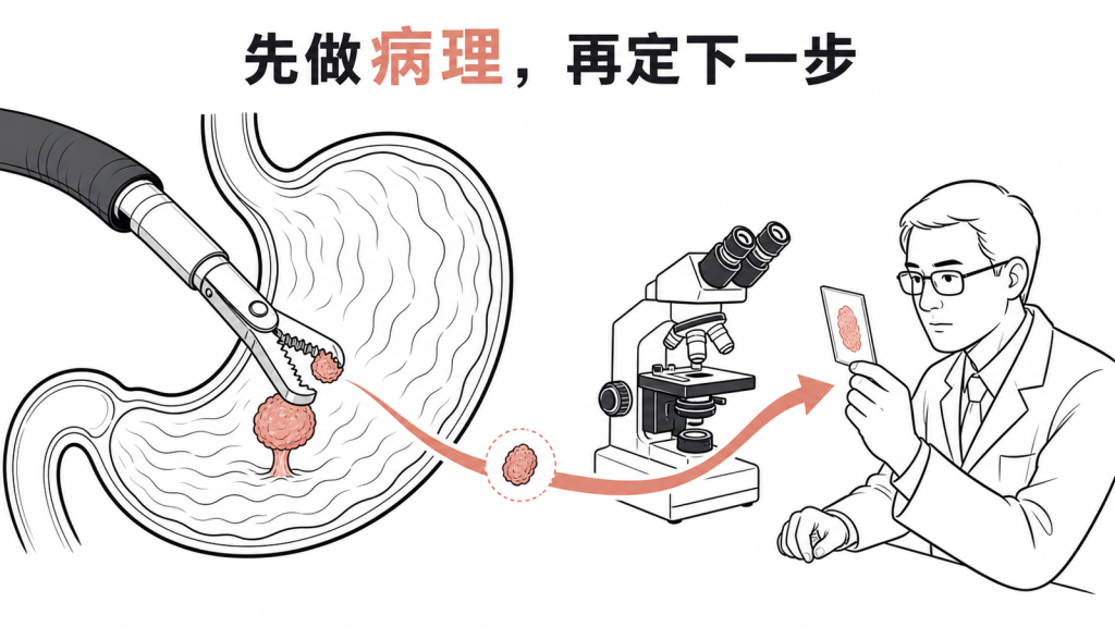 胃鏡切片決定息肉後續處理線稿流程圖