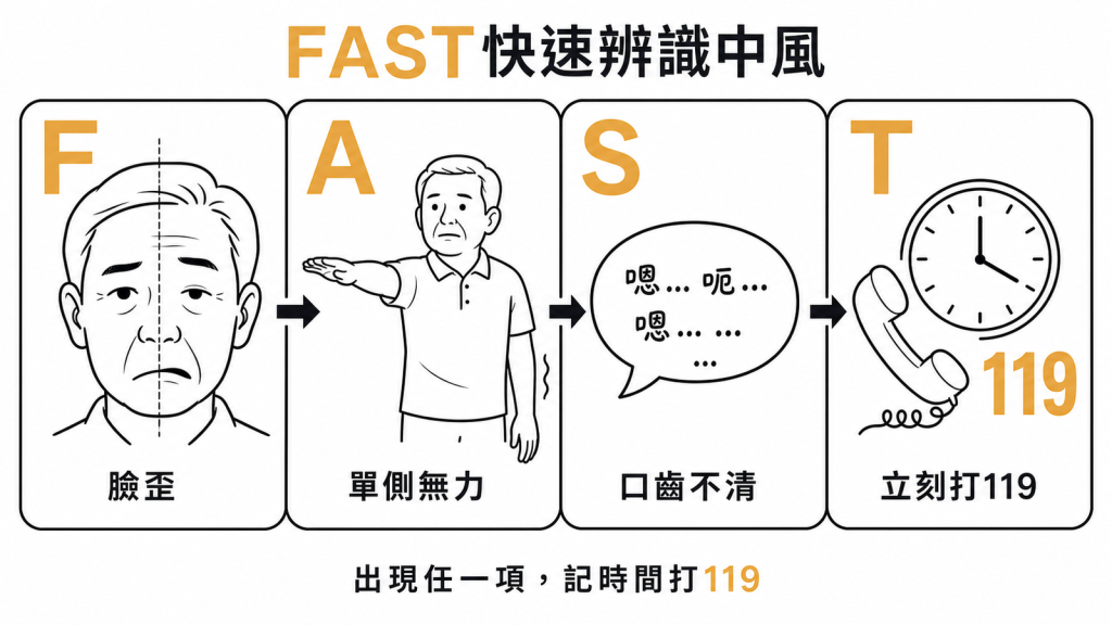 用FAST快速辨識中風臉歪Face手臂單側無力Arm口齒不清Speech出現任一項就記下時間Time立刻打119