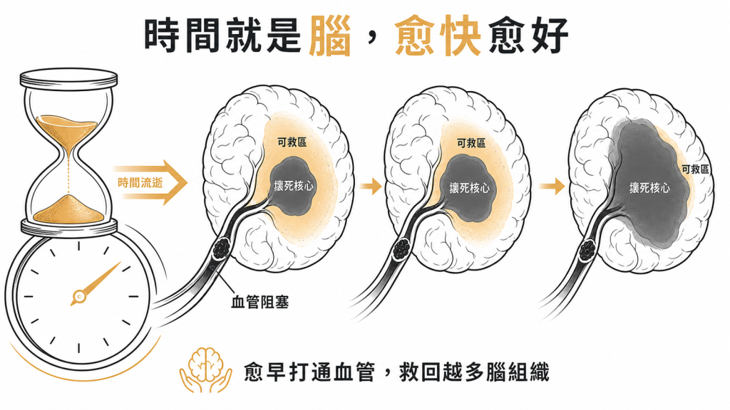 時間就是腦缺血性中風每拖一分鐘可救的半影區越縮小壞死核心越擴大愈早打通血管救回越多腦組織