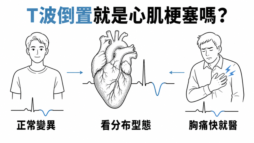 T波倒置資訊圖:正常變異、依導程分布型態判讀、合併胸痛應盡快就醫