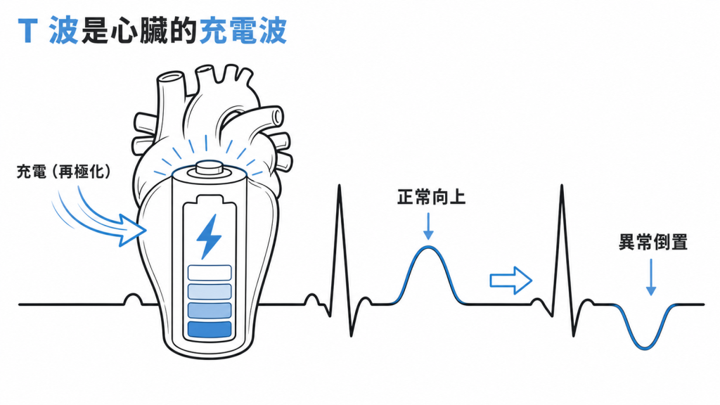 T波示意圖:T波記錄心臟的充電(再極化)階段,正常向上、異常時翻轉倒置