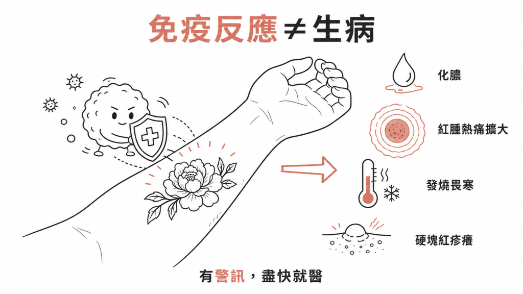 刺青後的免疫反應是正常的，但化膿、紅腫熱痛擴大、發燒畏寒、硬塊紅疹癢等警訊出現時要盡快就醫