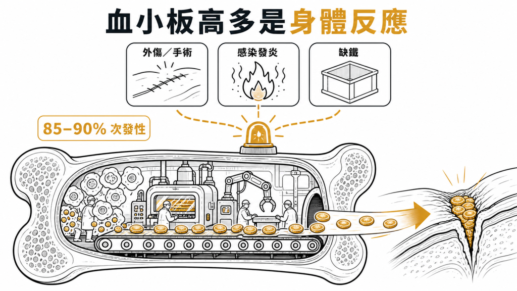 多數血小板增多是外傷發炎或缺鐵反應