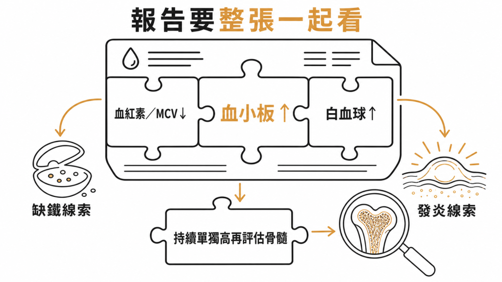 血小板偏高需搭配血紅素與白血球判讀