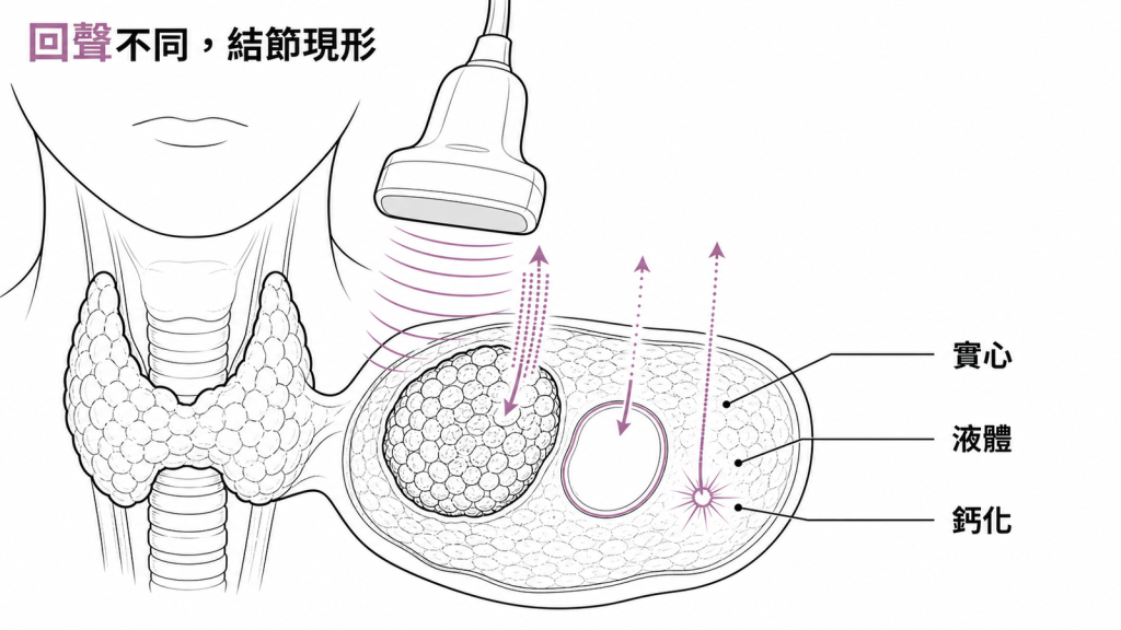 甲狀腺超音波原理示意圖:探頭聲波反射分辨實心、液體與鈣化