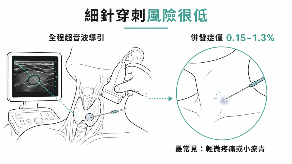 超音波導引細針穿刺併發症僅0.15到1.3%的安全示意圖