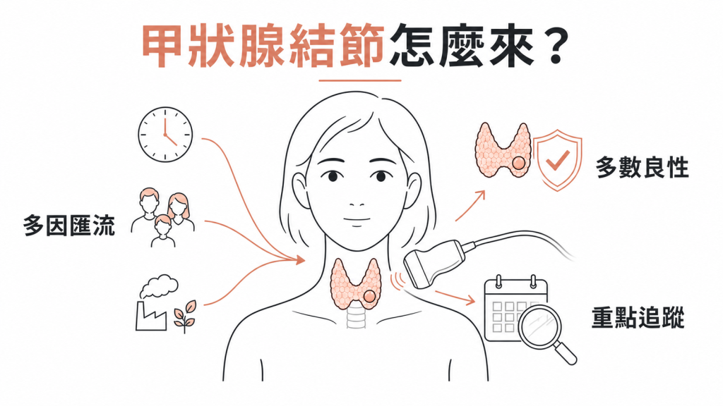 甲狀腺結節原因資訊圖:年齡、家族與環境等多因匯流造成結節,超音波追蹤下多數為良性