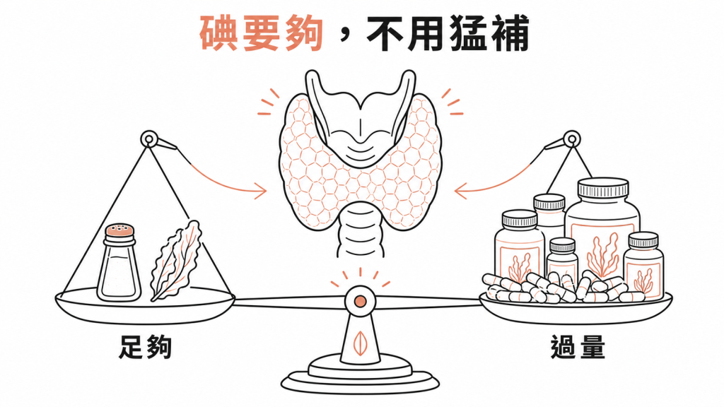 碘攝取足夠即可,加碘鹽與海藻類正常飲食通常已達標,額外猛補保健食品沒有加分