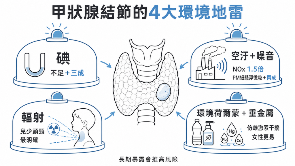 甲狀腺結節4大環境地雷:碘攝取U型不足風險增約三成、空汙NOx約1.5倍PM2.5約兩成加噪音、輻射最明確、環境荷爾蒙重金屬仿雌激素女性更易