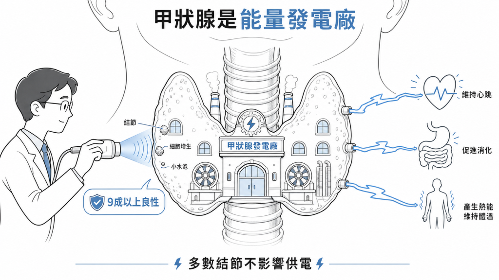 甲狀腺像蝴蝶形能量發電廠貼著氣管製造甲狀腺素,結節是牆上小突起如細胞增生或小水泡,多數不影響供電、9成以上良性