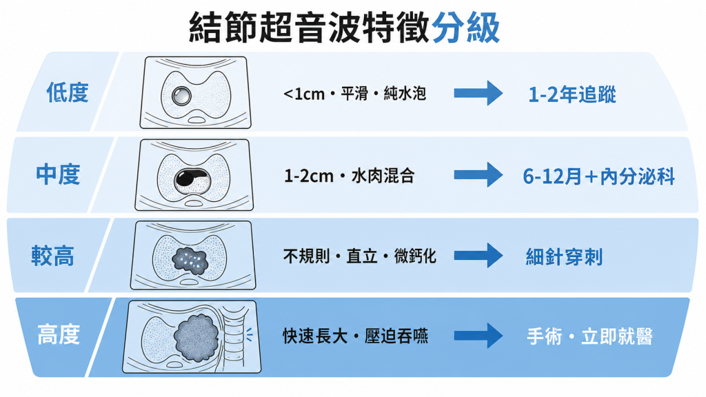 甲狀腺結節超音波特徵分級:小於1cm平滑純水泡低度1-2年追蹤、1-2cm水肉混合中度6-12月內分泌科、不規則直立微鈣化細針穿刺、快速長大壓迫吞嚥手術立即就醫