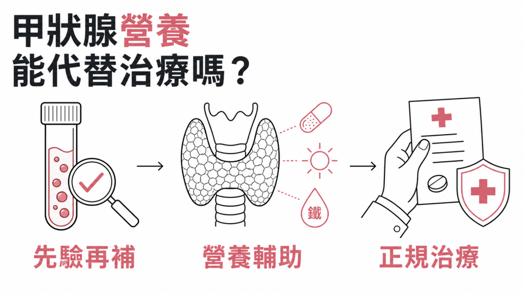 甲狀腺飲食資訊圖:先抽血確認再補、營養只是輔助、正規治療不能取代