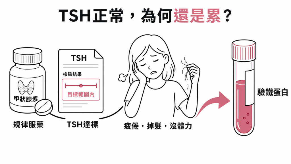 甲狀腺低下疲倦示意圖:規律服藥且TSH達標卻仍疲倦掉髮,應回頭抽血檢驗鐵蛋白