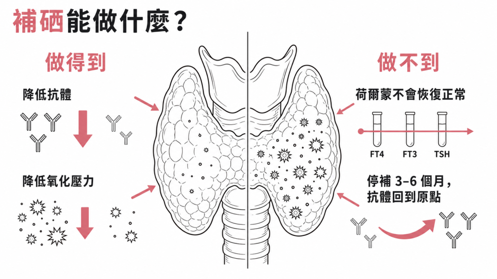 補硒效果對照圖:做得到降低甲狀腺抗體與氧化壓力,做不到讓荷爾蒙數值恢復正常,停補後抗體回到原點
