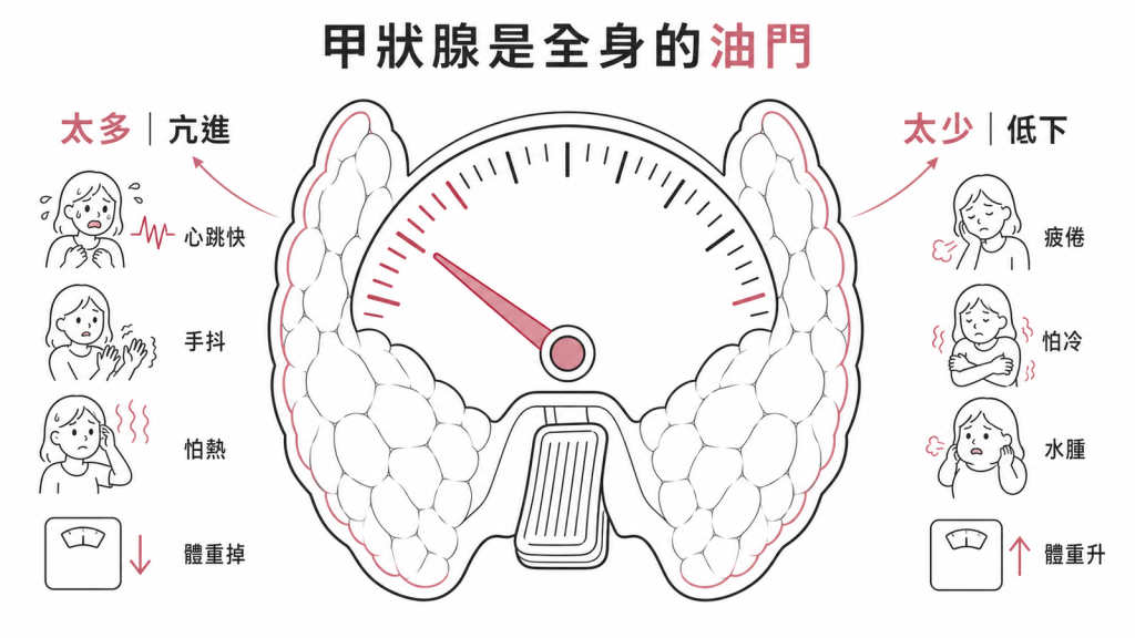 甲狀腺功能示意圖:荷爾蒙像全身油門,太多是亢進、太少是低下,症狀正好相反