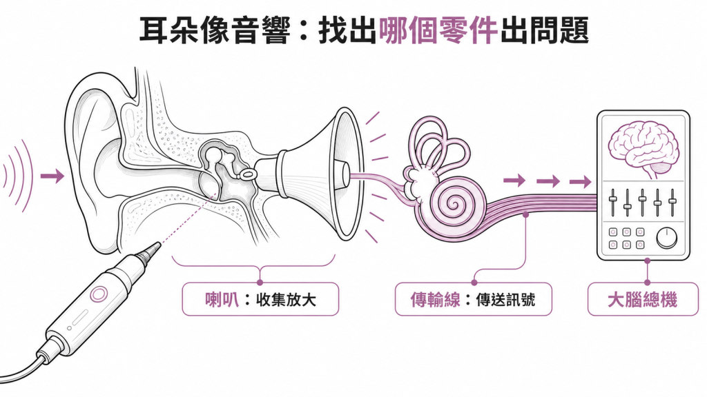 耳朵像音響系統:外耳中耳是喇叭負責收集放大、內耳聽神經是傳輸線傳送訊號到大腦總機,聽力檢查在分辨哪個零件出問題