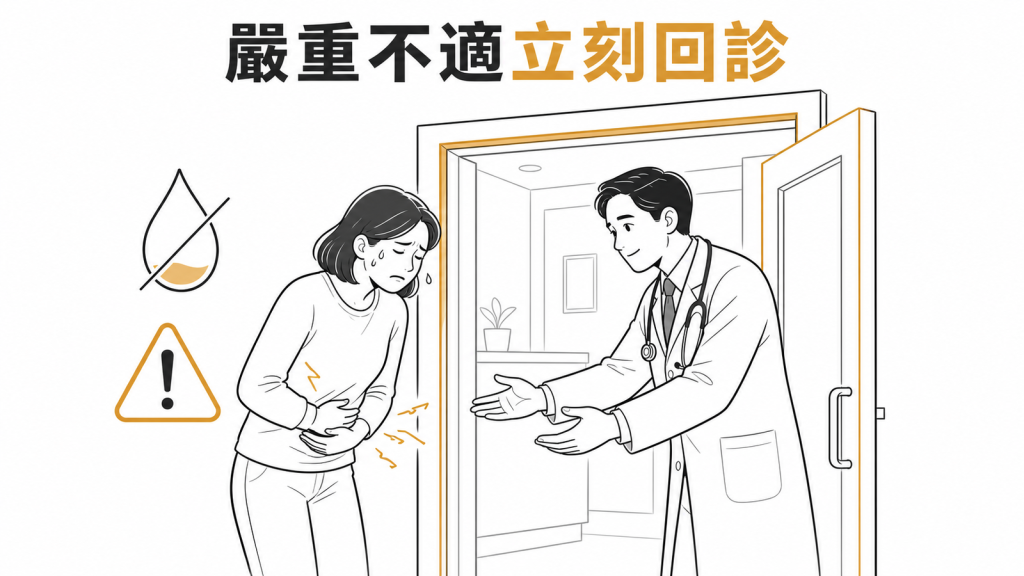 猛健樂嚴重腸胃不適時應立刻回診的衛教圖