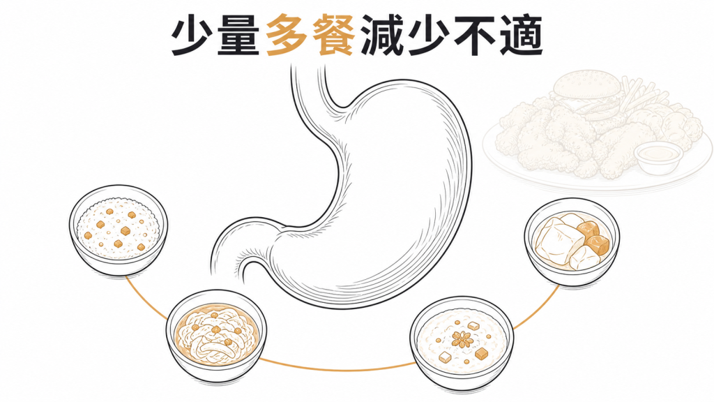 猛健樂適應期以少量多餐減輕腸胃不適的衛教圖