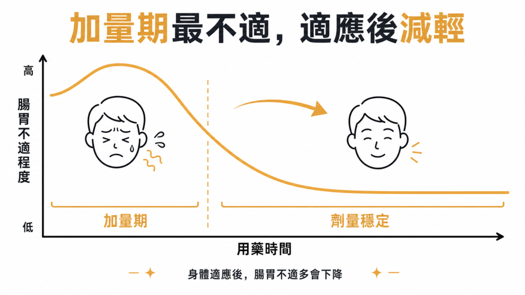 猛健樂腸胃不適最常出現在加量期,劑量穩定身體適應後會明顯減輕
