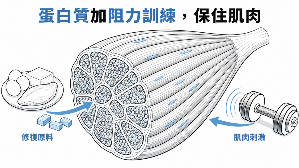 蛋白質與阻力訓練共同保留肌肉示意圖