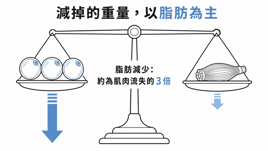 減重時脂肪減少約為肌肉流失三倍示意圖