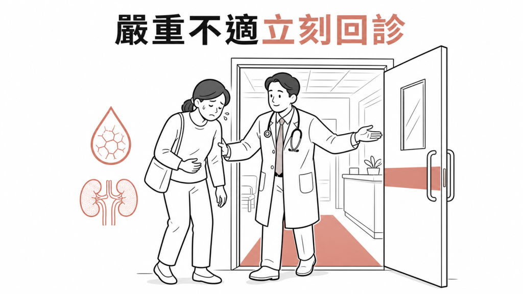 猛健樂造成嚴重嘔吐腹瀉或脫水時應立刻回診的衛教圖