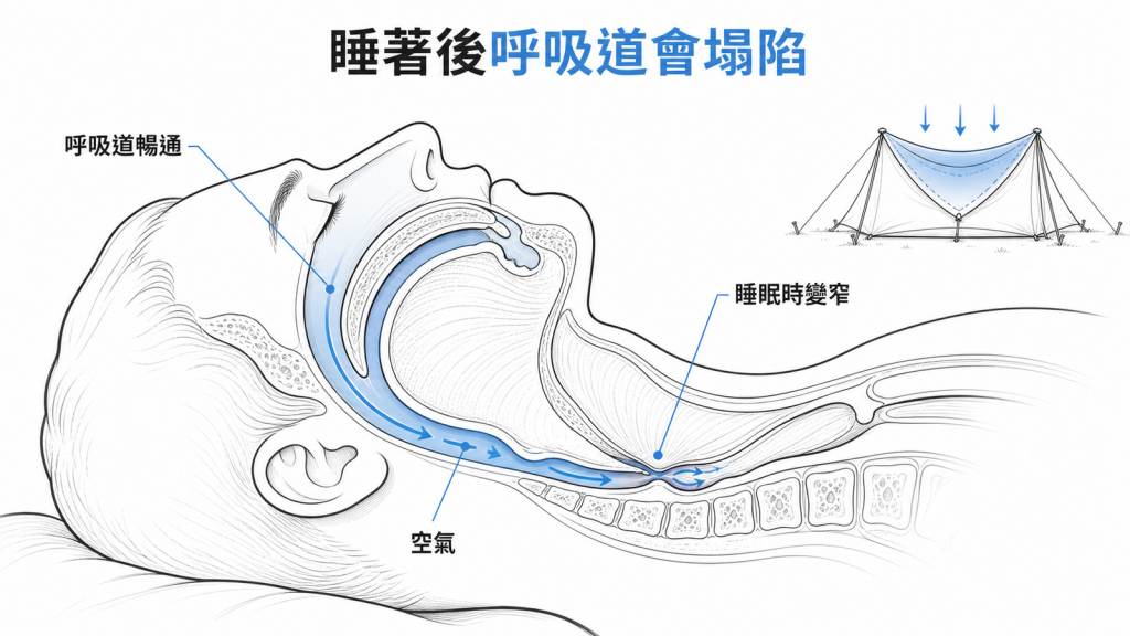睡眠時上呼吸道塌陷變窄的示意圖