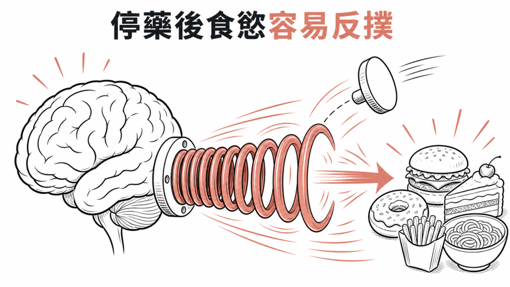 停止減重藥物後食慾像壓縮彈簧反彈的衛教圖