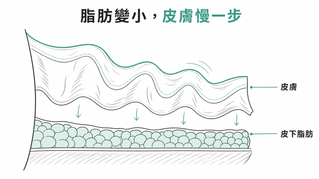 快速減重後皮膚回縮需要時間的線稿示意圖