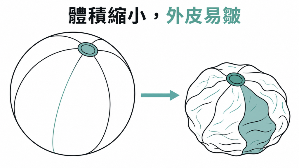 脂肪體積縮小與皮膚外觀變化線稿示意圖