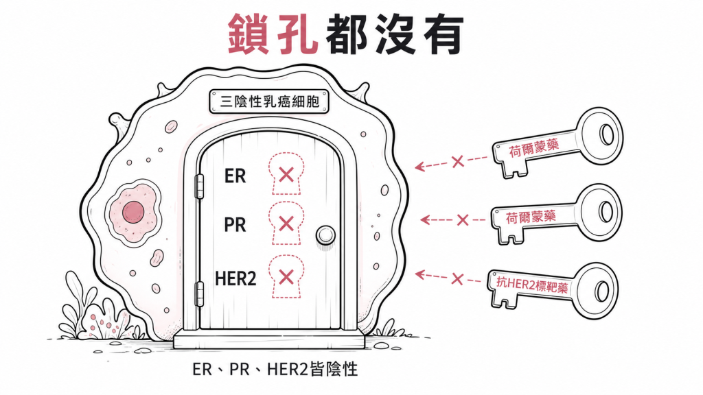 三陰性乳癌細胞表面ER雌激素PR黃體素HER2三個受體鎖孔都沒有荷爾蒙藥與抗HER2標靶藥這些鑰匙都派不上用場