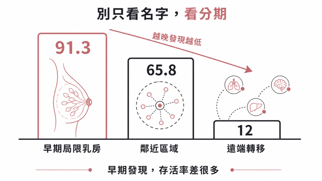 三陰性乳癌5年存活率看分期早期局限乳房約91.3趴擴散鄰近區域約65.8趴遠端轉移約12趴越晚發現越低早期發現差很多