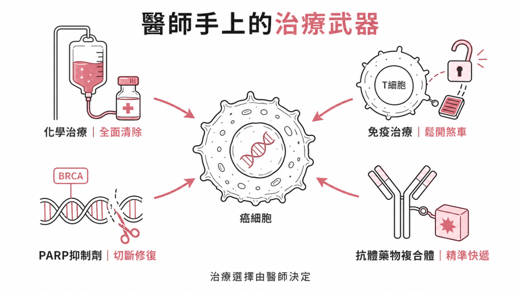 三陰性乳癌治療武器化學治療全面清除免疫檢查點抑制劑鬆開免疫煞車PARP抑制劑切斷帶BRCA突變癌細胞的DNA修復抗體藥物複合體精準快遞治療選擇由醫師決定