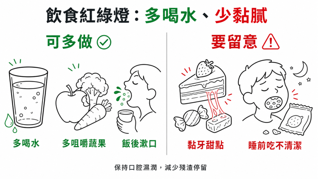 扁桃腺結石飲食紅綠燈：多喝水、多咀嚼蔬果、飯後漱口；少吃黏牙甜點、避免睡前吃不清潔
