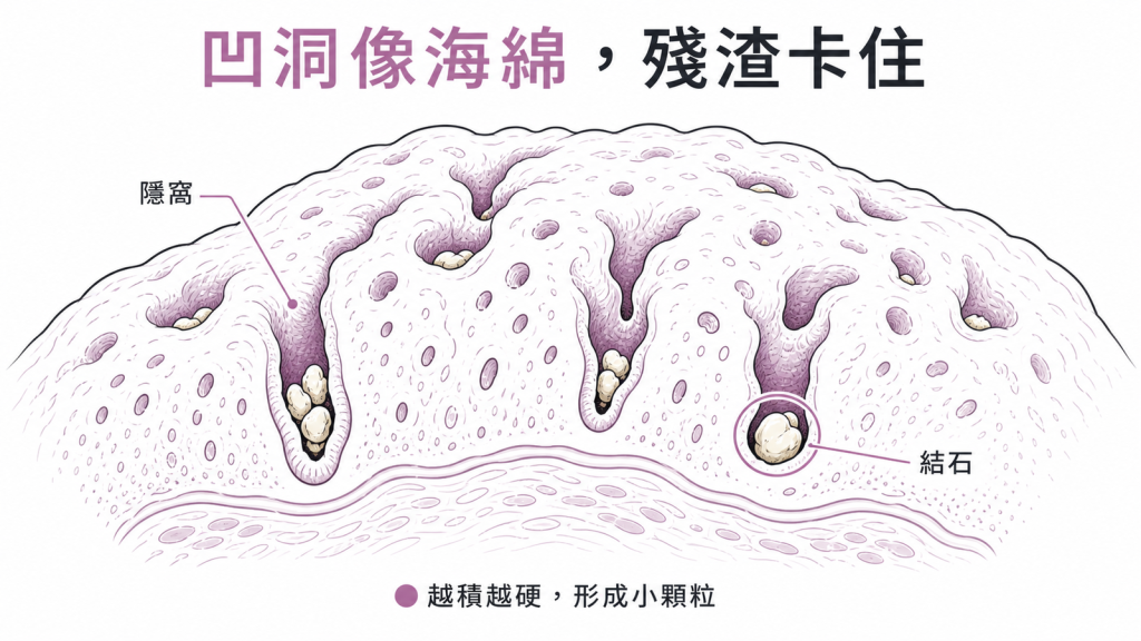 扁桃腺隱窩像海綿，食物殘渣卡進凹洞深處鈣化成結石