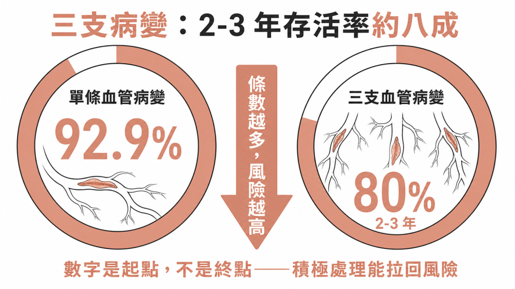 三支血管病變2到3年存活率約80百分比低於單條病變92.9百分比但是起點不是終點