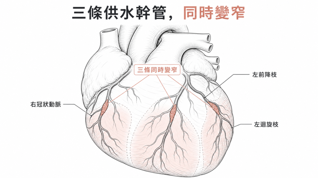 三支血管病變是左前降枝左迴旋枝右冠狀動脈三條主要冠狀動脈同時狹窄