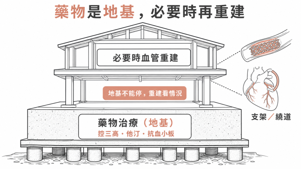 藥物治療控三高他汀抗血小板是地基必要時再血管重建支架或繞道