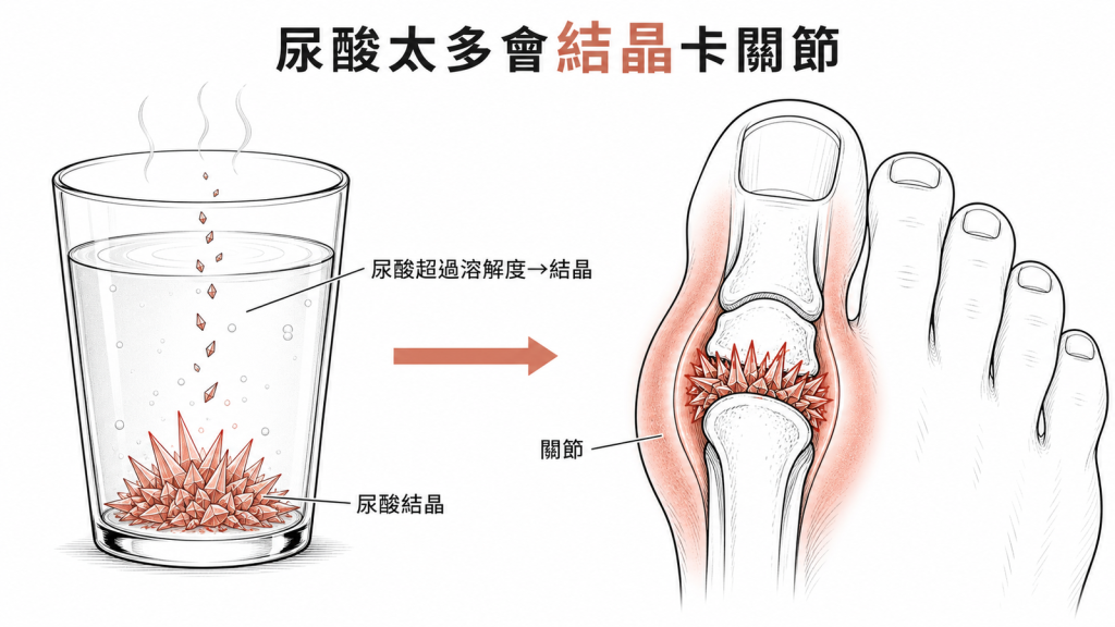尿酸濃度超過溶解度會形成尖銳結晶卡在腳趾關節引發紅腫熱痛