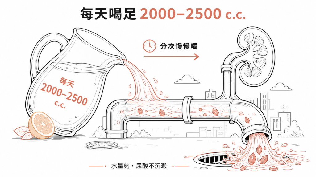 每天分次喝足2000到2500毫升白開水沖刷腎臟把尿酸廢物帶走避免沉澱