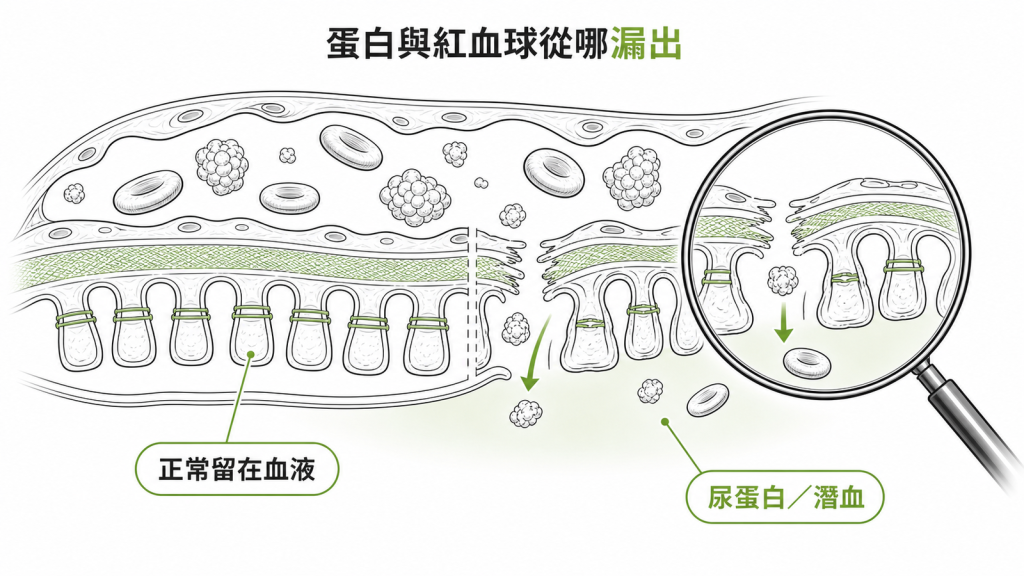 腎絲球濾網受影響時蛋白與紅血球可能漏出